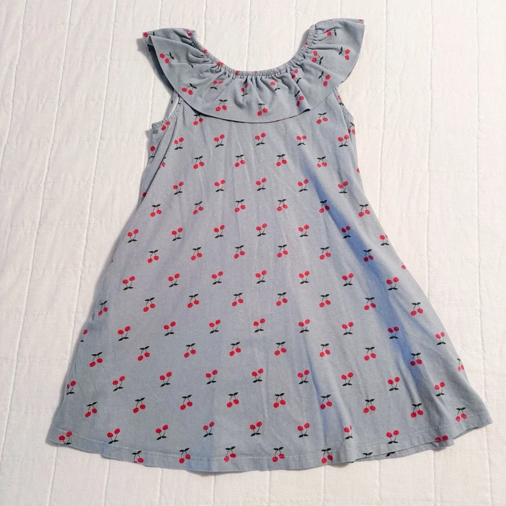 Hanna Andersson Girls Cotton Dress Size 8 130 Ruffle Neck Blue Cherries